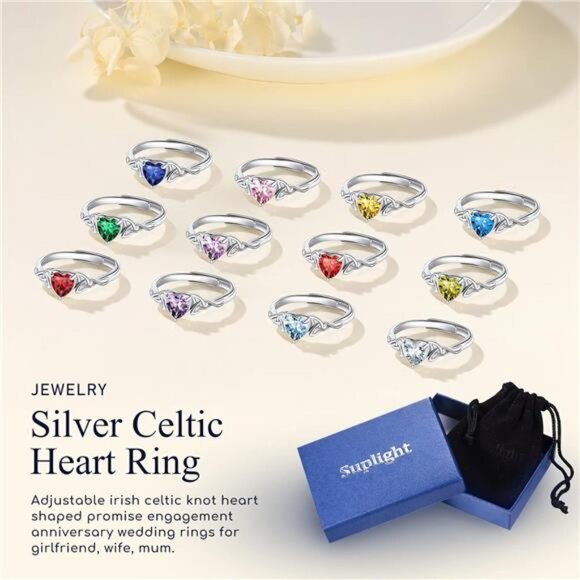 925 Sterling Silver Good Luck Celtic Trinity Knot/Claddagh Heart Birthstone Ring - Picture 5 of 7